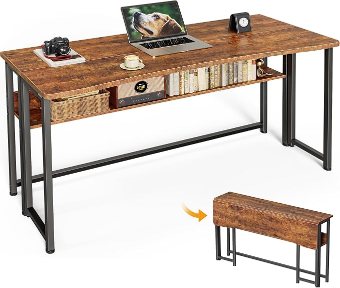 Huuger Folding Desk with Storage Shelf, 47.2 Inch Foldable Computer Table by Huuger