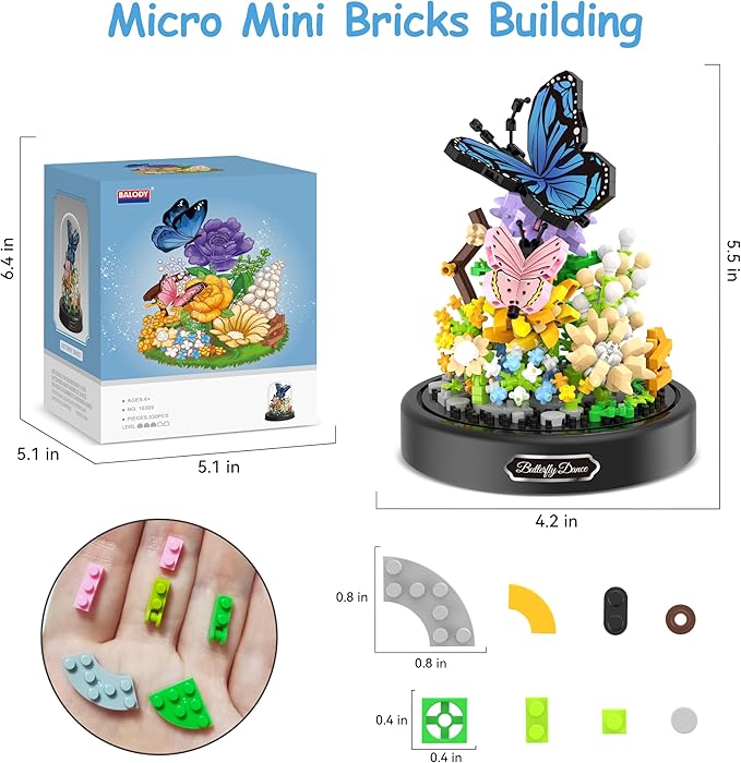 Flower Bouquet Building Kit, 530 Pcs Butterfly and Flowers Mini Bricks Building Blocks Sets, Valentines Day Gifts for Her Him Valentine's Day Gifts for Her Mom Women Girlfriends(Butterfly)