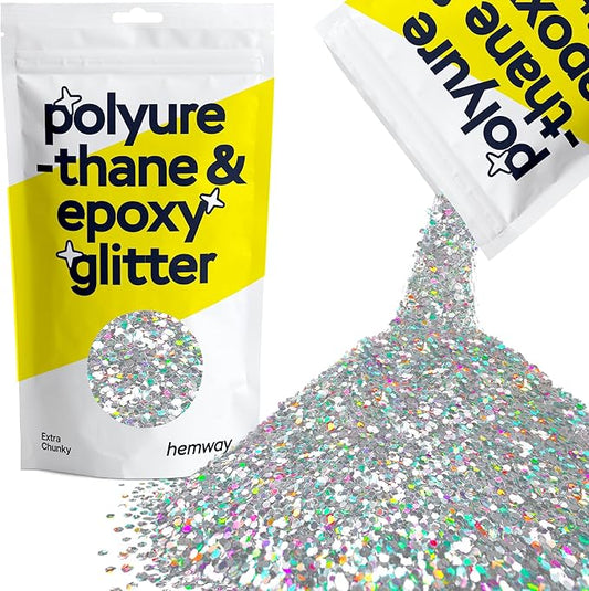 Hemway Polyurethane & Epoxy Resin Glitter 100g / 3.5oz Metallic Crystal Flake Additive for Flooring Jewelry Tumblers Glass Pigment - Extra Chunky (1/24" 0.040" 1mm) - Silver Holographic