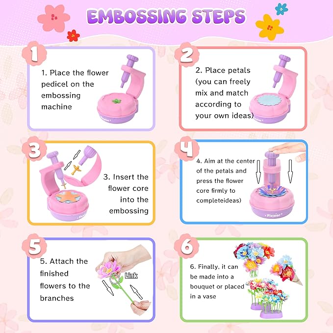 GirlsHome 300+PCS Fabric Flower Bouquets Toys, DIY Flower Crafts Kits for Kids, Arts and Crafts for Kids Ages 6-8 Girls, Build Flower Bouquet, STEM Educational Toy Preschool Gifts (Purple Pink)