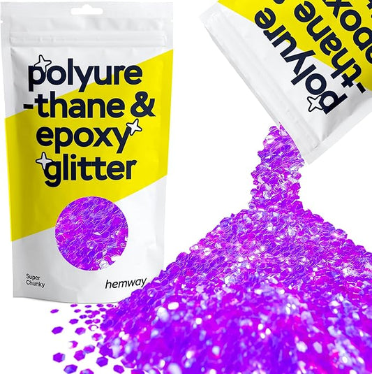 Hemway Polyurethane & Epoxy Resin Glitter 100g / 3.5oz Metallic Crystal Flake Additive for Flooring Jewelry Tumblers Glass Pigment - Super Chunky (1/8" 0.125" 3mm) - Fluorescent Purple