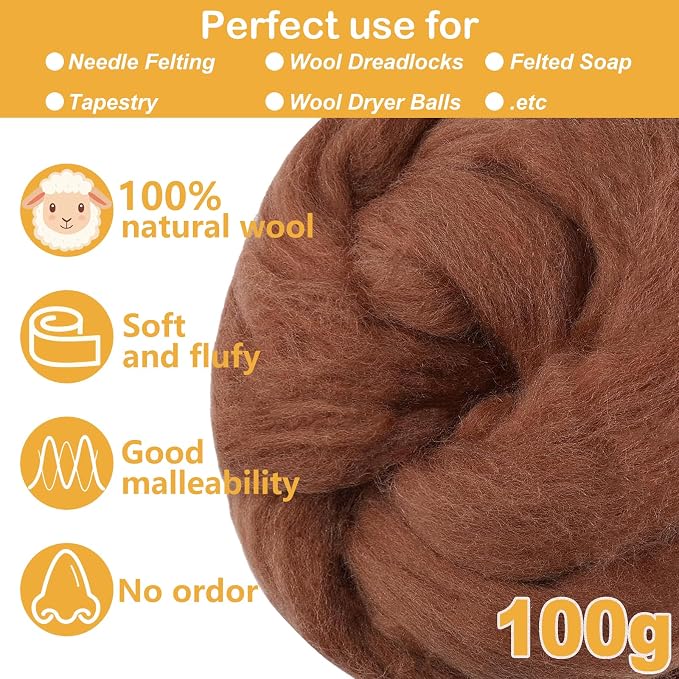Brown Beige Wool for Needle Felting, 3.5oz Felting Wool, Soft Wool Batting for - Image 2
