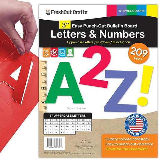 209 Pcs 3" Jewel Bulletin Board Precut Letters & Numbers, Capital Letters, Numbers, Punctuation, US Made Card Stock Punch Out Letters for Poster, Bulletin Board, Classroom