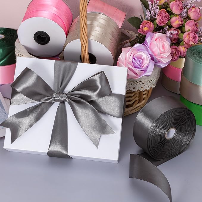 1 1/2 Inch Steel Gray Solid Satin Ribbon, 50 Yards Craft Fabric Ribbon for Gift Wrapping Floral Bouquets Wedding Party Decoration