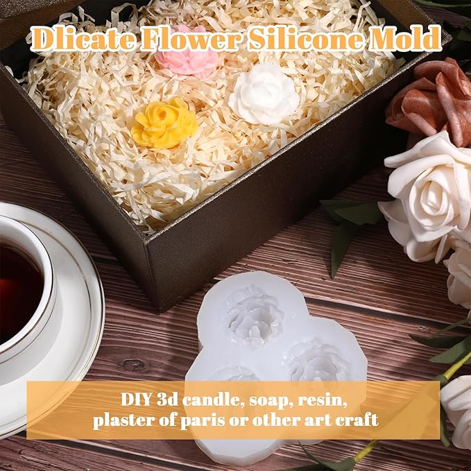 3 Cavity Rose Candle Molds, Silicone Flower Molds for Candles Crafts Casting, 3D Round Candle Making Soap Molds for Epoxy Resin Wax, DIY Handmade Gifts Clay Pop Flower Silicone Mold Home Decoration