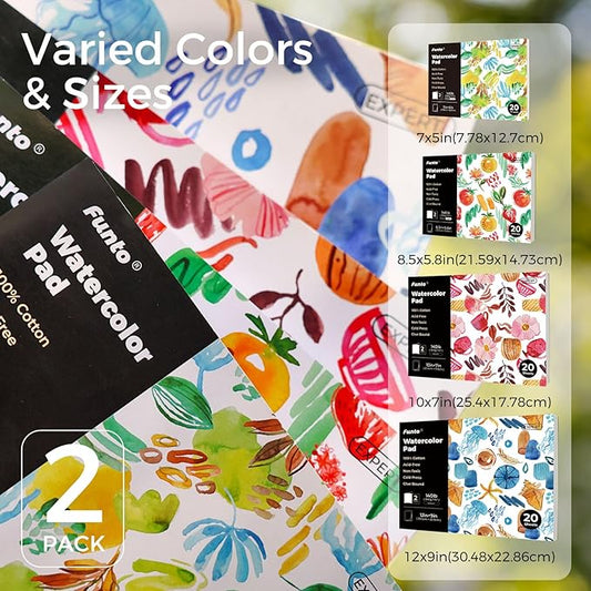 Funto Watercolor Pad, 2 Packs, 10×7", 20 Sheets Each, 140lb/300gsm, 100% Cotton, Glue Bound, Easy Tear Heavyweight Art Paper for Painting