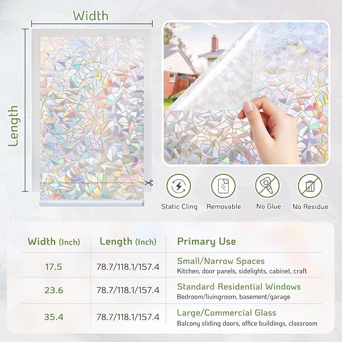 LUTE Rainbow Window Privacy Film, Stained Glass Cling, 35.4" x 118.1" | 3D - Image 7