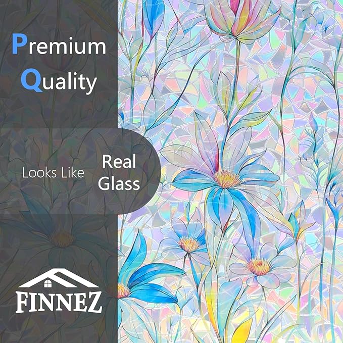 FINNEZ Window Privacy Film Stain Glass Film Flowers Rainbow Window Film Window Clings Non-Adhesive Reusable Decorative for Home（Blue Lotus，23.6 Inch x 6.5 Feet）