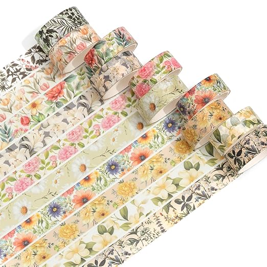 10 Rolls Blooming Flowers Washi Tape Set Floral Arts Adhesive Tapes Colorful Garden Decorative Masking Tape Sets for Craft, Kids, Scrapbook, DIY, Gift Wrapping (2-Romance)
