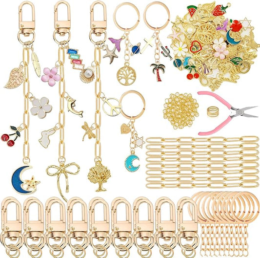 MORWLAT 358 PCS Gold DIY Keychain Making Kit Cute Bag Charm Kit 110 Charms 28 Keychain Clips with Key Ring Swivel Snap Hook Lobster Claw Clasps 200 Jump Ring Jewelry Plier DIY Set Women Craft (110)