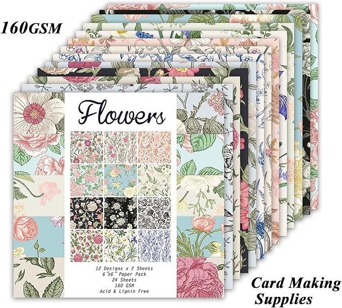 24 Sheets 12 Designs Scrapbook Paper Pad,6"×6” Single-Sided Decopodge Craft Cardstock Paper, Christmas Scrapbooking DIY Decorative Background Cardmaking Supplies.Flowers