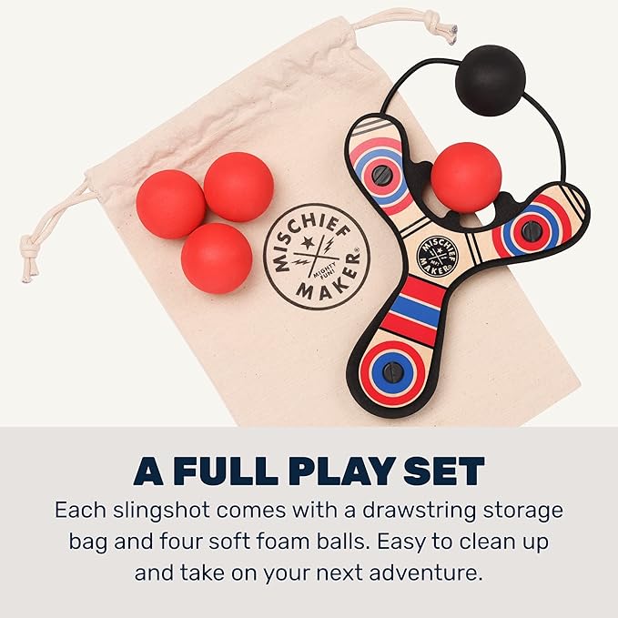 Mighty Fun! - Mischief Maker® Wooden Slingshot - Classic Series - Real Wood Slingshot for Kids, 4 Soft Foam Balls and Storage Bag - Ages 4+ (red)