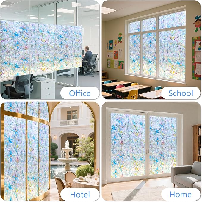 FINNEZ Window Privacy Film Stain Glass Film Flowers Rainbow Window Film Window Clings Non-Adhesive Reusable Decorative for Home（Blue Lotus，45.2 Inch x 13.1 Feet）