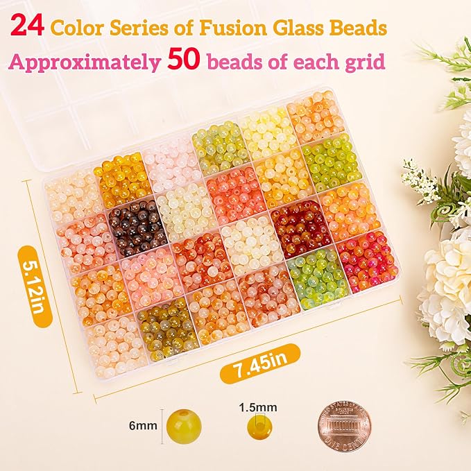 XSEINO About 1200+ pcs 6mm Glass Beads Bracelet Making Kit, 24 Assorted Yellow - Image 2