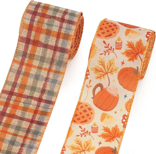 2 Rolls Fall Pumpkins Ribbons for Bows, Thanksgiving Wired Edge Ribbon Autumn Maple Leaf Burlap Ribbons for Gift Wrapping Fall Thanksgiving Decoration Supplies