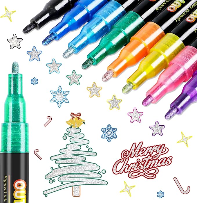 FUMILE 8 Colors Double Line Outline Markers,Glitter Marker for Kid Teens,Self Outline Metallic Markers for Art Supplies,Metallic Glitter Pen Set for Teen Girl.