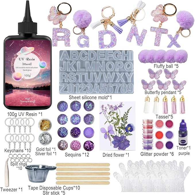 YV-cozx UV Resin Jewelry Making Kit,Crystal Clear Resin with 26 Letter Molds and Casting Tools,DIY Jewelry Making Kit for Necklace,Keychain,Earring (Purple Letter)