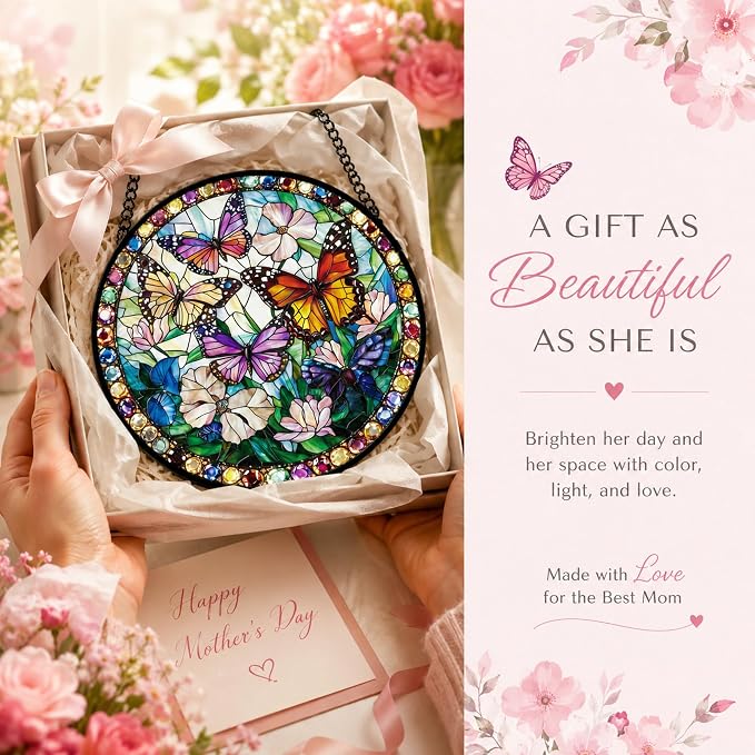 Butterfly Flower Acrylic Suncatcher Faux Stained Glass Window Hanging 9.8" | - Image 4