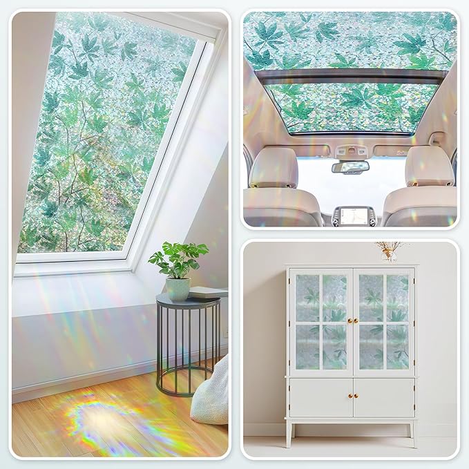 Haton Window Privacy Film, Decorative Stained Glass Window Clings, 3D UV Sun Blocking Sticker, Removable Static Cling Heat Control Tint for Home Door, Leaf Rainbow, 17.5" x 78.7" Non-Adhesive