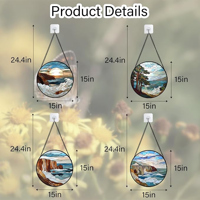 DASTOLL Stained Glass Window Hanging 4 Pcs Set Ocean Waves Large 15" - Image 6