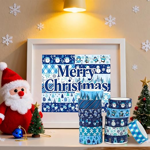 12 Rolls Winter Washi Tape Set Blue White Snowflake Snowman Holiday Masking Tape Xmas Tree Reindeer Penguin Holiday Decorative Tapes for Scrapbook Journal DIY Craft Gift Wrapping Party Decor 16.4FT
