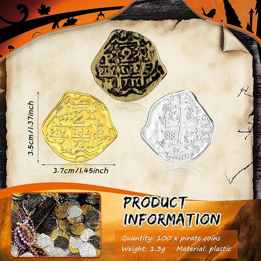 Hanaive 100 Pcs Pirate Coins Plastic Kids Fake Play Coins Replica Spanish Doubloons for Pirate Party Treasure Chest Board Games Tokens Toys Cosplay St. Patrick's(Gold, Silver, Bronze)