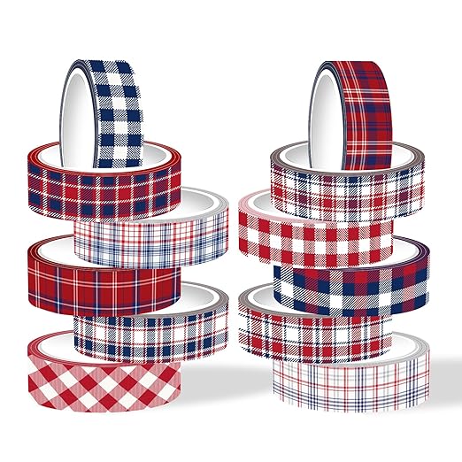 12 Rolls Basic Grid Washi Tape Set, Red Blue White Plaids Decorative Paper Stickers for Thanksgiving Christmas Independence Day Scrapbook Journaling DIY Art Crafts Gift Wrapping 16.4FT
