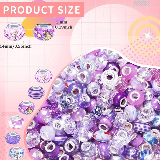 150Pcs Large Hole Beads Spacer Beads Purple Assorted European Craft Big Beads - Image 2