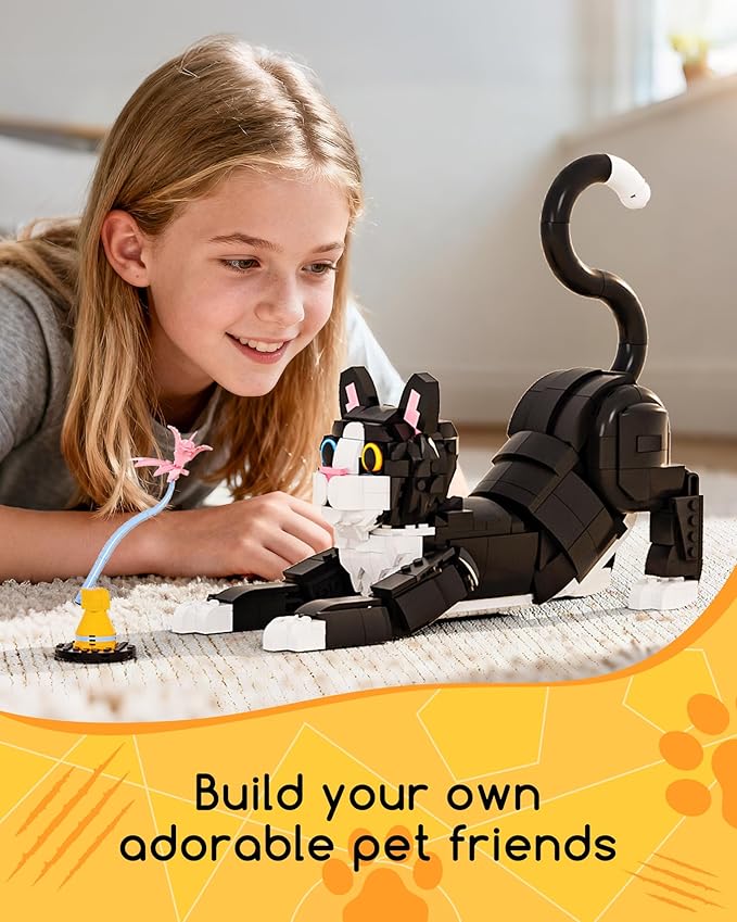 3 in 1 Animal Tuxedo Cat Building Set - Animal Figurines with 3 Building Options into Cat, Dog, or Rabbit - Learning Toy, Birthday Gift for Kids, Girls & Boys Ages 6+
