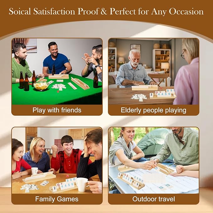 2-8 Players Rummy Game Set, 214 Melamine Tiles, 8 Wooden Racks, Drawstring Bag, Premium Portable Case, Tile Board Games for Adults, Travel, Birthday Gifts for Men Women Dad Mom