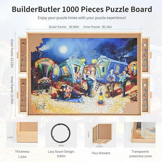 1000 Pieces Rotating Puzzle Board with 4 Drawers,30.16"x22.44" Portable Wooden Jigsaw Puzzle Table with Lazy Susan Spinning Cover for Adults
