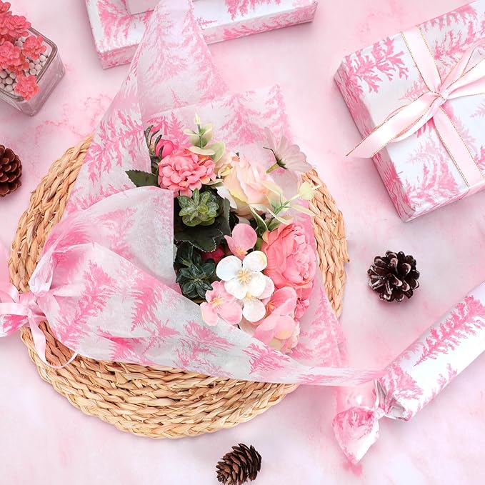 100 Sheets Christmas Tree Tissue Paper, 20x14in Forest Style Wrapping Tissue Watercolor Xmas Tree Art Tissue for Xmas Party Gift Bag Fillers Winter Party Decor (Pink)