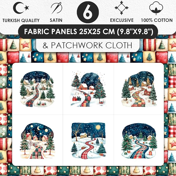 Winter Village Patchwork Cotton Fabric Panel – 6 Designs 10×10 inch + Bonus - Image 3