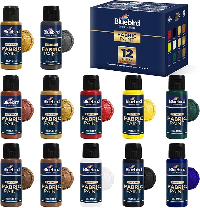 BLUEBIRD 12-Pack Fabric Paint, 3.4 Fl Oz each, Permanent Fabric Paints by BluebirdArts