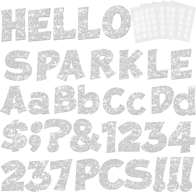 237 Pcs Glitter Bulletin Board Letters, Numbers and Punctuation, Poster Board Letters Alphabet Cut Out Cardboard Letters Accessories for Classroom Display Decorating Supplies 4inch (Sliver)