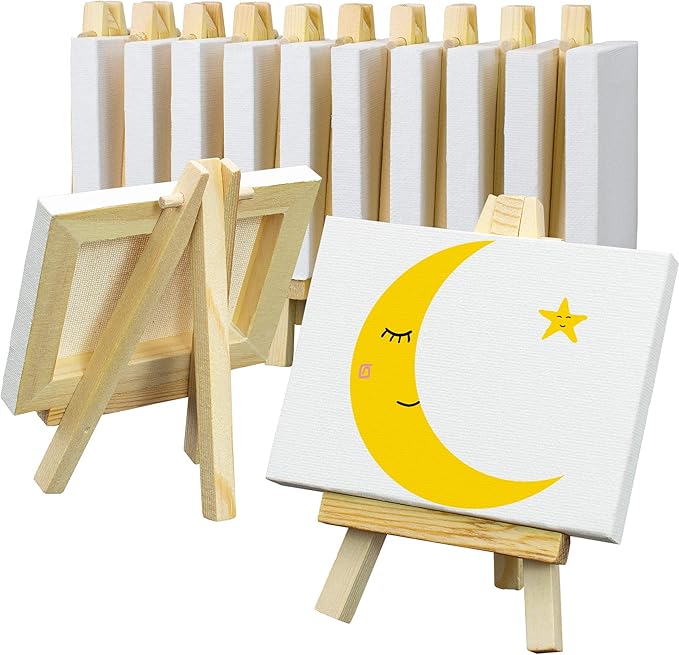 FIXSMITH 3x4 Inch Mini Stretched Canvas Easel Set- Bulk Pack of 12,Set Contains 12 Rectangle Canvases &12 Mini Easels,Small White Art Canvases & Wood Easels for Painting Craft Drawing Decoration