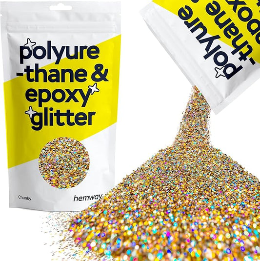 Hemway Polyurethane & Epoxy Resin Glitter 100g / 3.5oz Metallic Crystal Flake Additive for Flooring Jewelry Tumblers Glass Pigment - Chunky (1/40" 0.025" 0.6mm) - Gold Silver Holographic