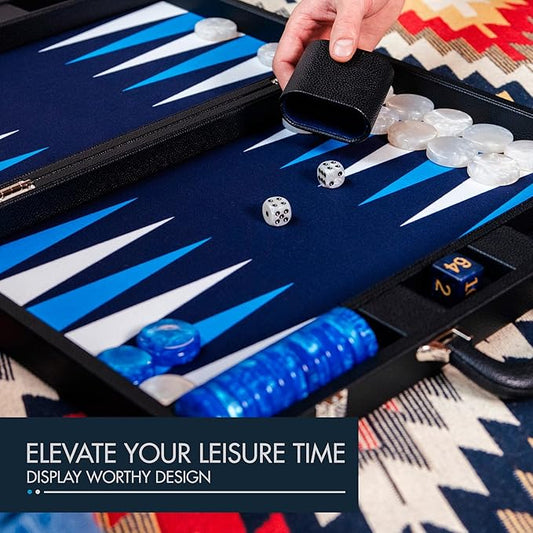 19 Inch Premium Backgammon Sets for Adults Leather Black - Blue. Premium 1.6 Inch Checkers & Dice Set, Travel Backgammon Set, Large, Backgammon Board Game, Backgammon Game Set
