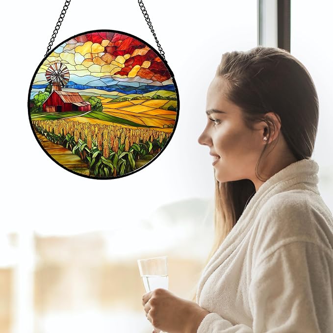 Stained Glass Window Hanging Autumn Farm Corn Harvest Landscape Large 15" - Image 2
