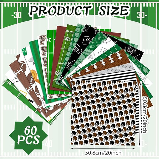 Ganeen 60 Pcs 10 x 10 Inch Football Quilting Fabric Squares Vintage Football Fat Patchwork Precut Strips Retro Green and Brown Fabric Bundles for Holiday DIY Craft Sewing Quilt Material Handmade