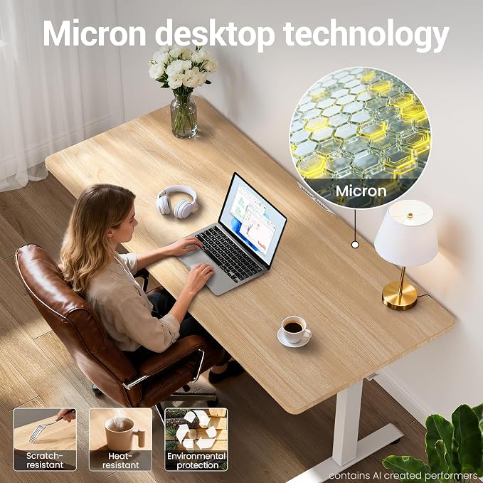 Veken 55 Inch Large Electric Standing Desk, Gaming Table, Nature | Height - Image 6