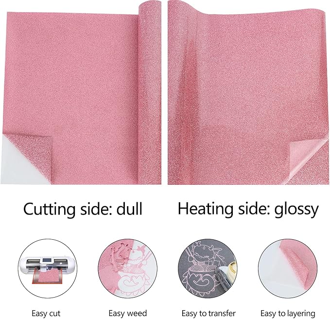 guangyintong Glitter Pink Heat Transfer Vinyl HTV Rolls, 12" x 8ft Iron on Vinyl for T-Shirts Glitter Pink HTV Vinyl for All Cutter Machines Easy to Cut & Weed for Heat Vinyl Design