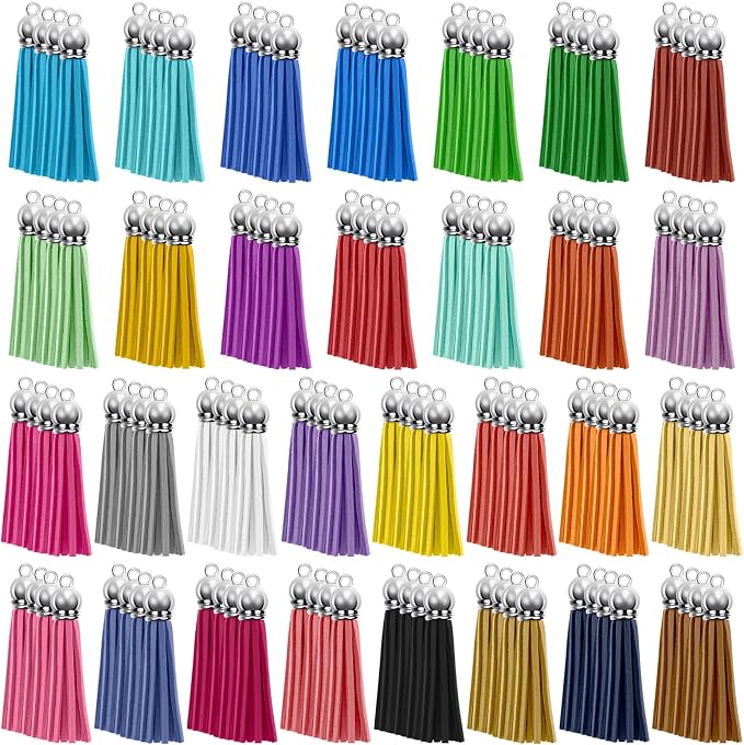 120 Pack Leather Keychain Tassels Charms Silver White Cap Multicolor Tassels by Bringsparkletoeverydaylife
