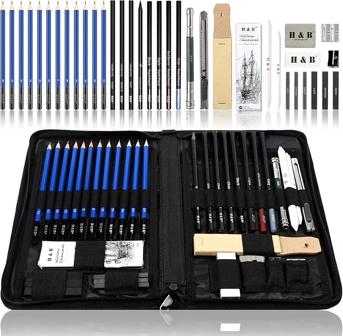 H & B 40 Piece Professional Sketch Pencil Drawing Kit,Complete Artist Kit, Including Graphite Pencils, Pastels, Sharpener and Eraser