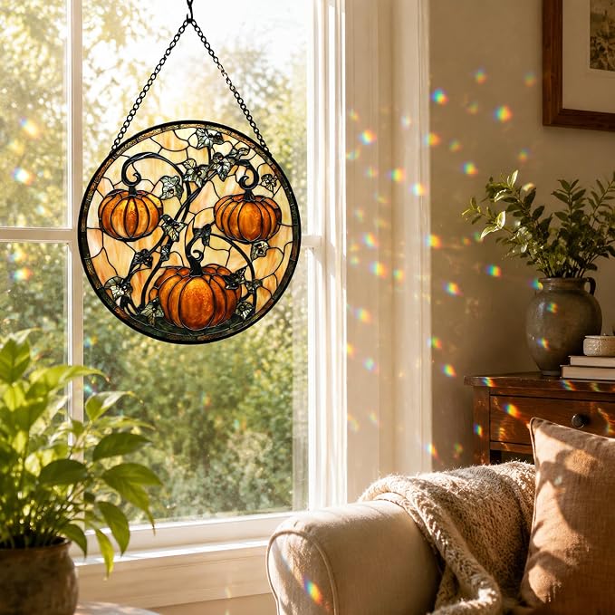 Orange Pumpkin Acrylic Suncatcher Faux Stained Glass Window Hanging 7.8" | - Image 5