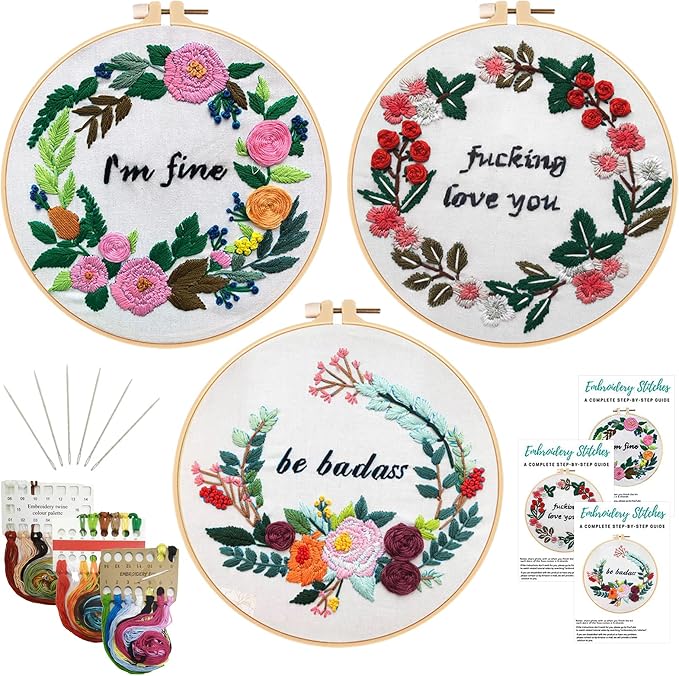 Nuberlic 3 Pack Funny Embroidery Kit, Handmade Cross Stitch Starter Kit by Nuberlic