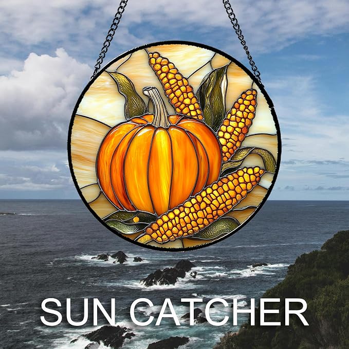 DASTOLL Stained Glass Window Hanging Autumn Harvest Pumpkin Corn 7.8" - Image 2