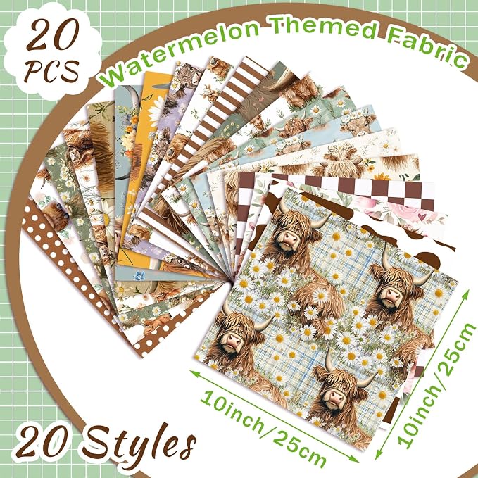 HunnmingRe 20 Pcs 10''x10'' Highland Cow Quilting Fabric Square Cow Precuts - Image 2