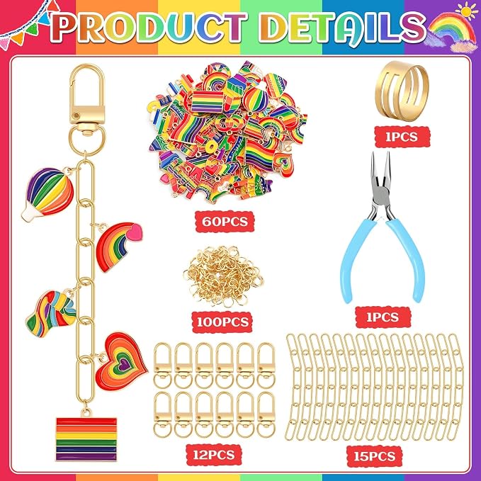 AUGSUN 189Pcs Pride Keychain Making Kit LGBT Rainbow DIY Keychain Craft | - Image 3