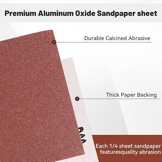 1/4 Sandpaper Sheet – 4-1/2” x 5-1/2”, P80 Grit, Red Aluminum Oxide, Plain Backing, 50-Pack – Sandpaper Sheets for Palm Sanders and Woodworking